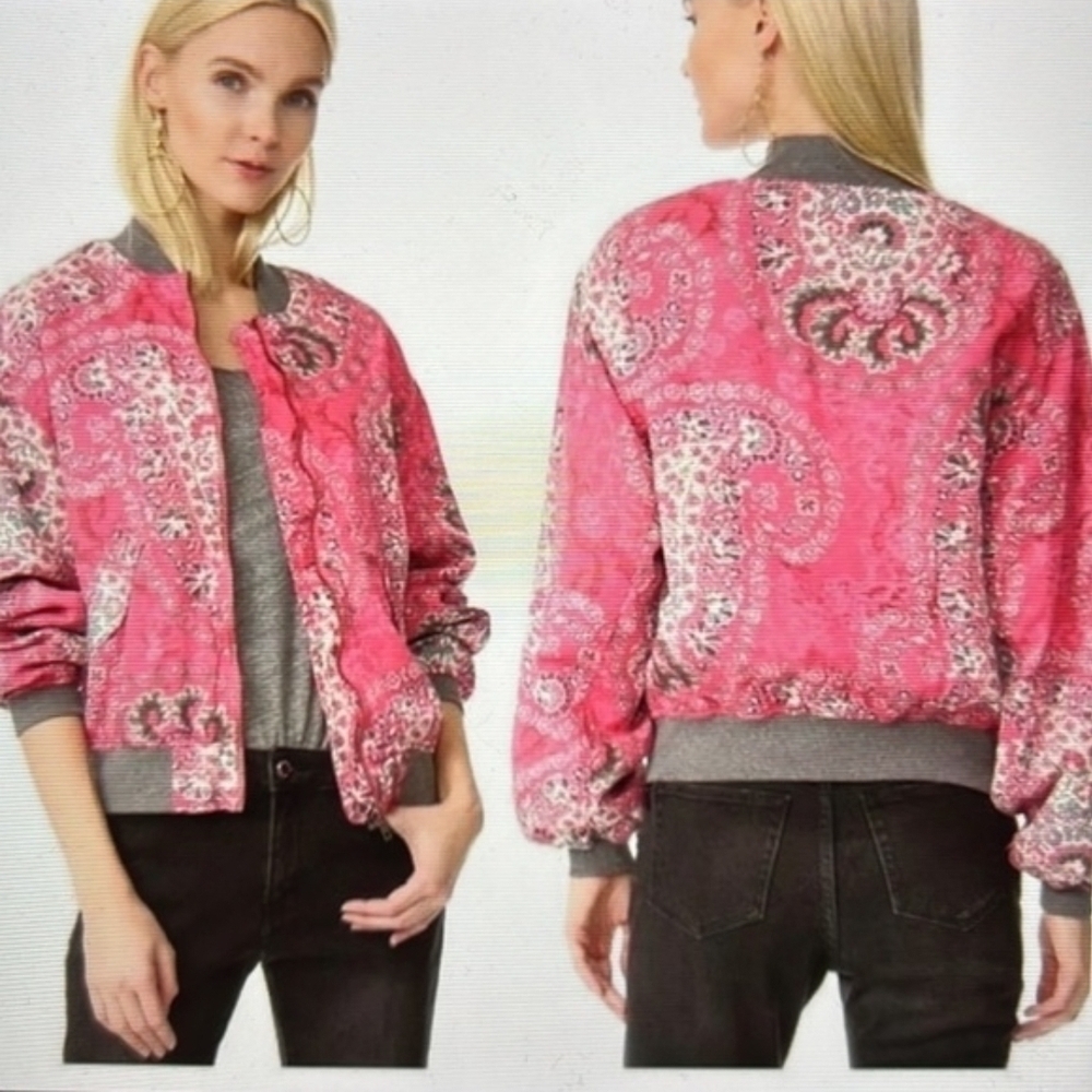 Free People Women’s Bandana Pink Floral Bomber Paisley Jacket L